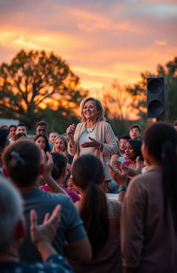 A dynamic and inspiring scene showcasing a diverse group of people engaged in a motivational speech outdoors