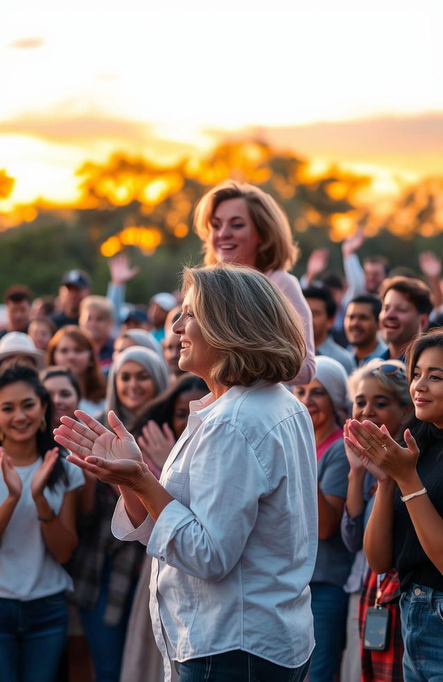 A dynamic and inspiring scene showcasing a diverse group of people engaged in a motivational speech outdoors