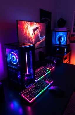 A sleek, modern computer setup showcasing a high-end gaming PC with RGB lighting, a large ultra-wide monitor displaying a vibrant digital artwork, a mechanical keyboard illuminated with colorful backlighting, and an ergonomic gaming mouse