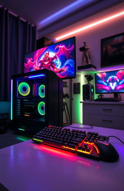 A sleek, modern computer setup showcasing a high-end gaming PC with RGB lighting, a large ultra-wide monitor displaying a vibrant digital artwork, a mechanical keyboard illuminated with colorful backlighting, and an ergonomic gaming mouse