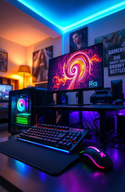 A sleek, modern computer setup showcasing a high-end gaming PC with RGB lighting, a large ultra-wide monitor displaying a vibrant digital artwork, a mechanical keyboard illuminated with colorful backlighting, and an ergonomic gaming mouse