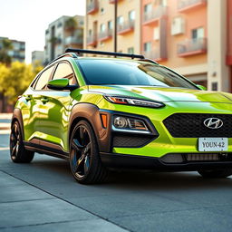 A lowered 2020 lime green Hyundai Kona, featuring striking black widebody fenders that enhance its aggressive stance