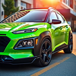 A lowered 2020 lime green Hyundai Kona, featuring striking black widebody fenders that enhance its aggressive stance