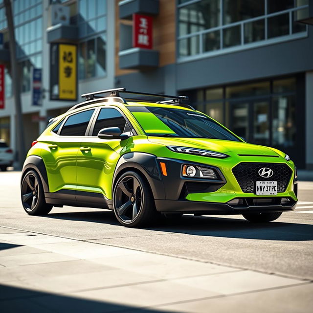 A lowered 2020 lime green Hyundai Kona, featuring striking black widebody fenders that enhance its aggressive stance