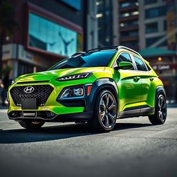 A lowered 2020 lime green Hyundai Kona, featuring striking black widebody fenders that enhance its aggressive stance