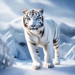 Generate an image of a stunning white tiger, its body crafted from brilliant, pristine ice