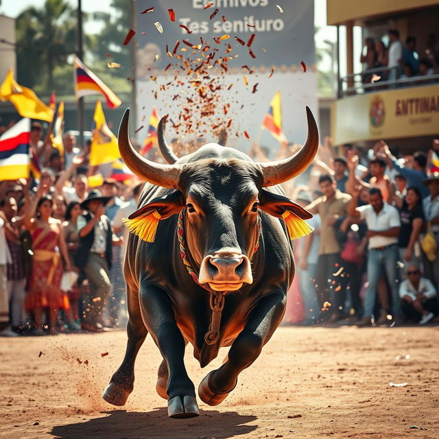 A dynamic, high-energy scene featuring a bull charging forward in a vibrant outdoor arena, showcasing its powerful muscles and dramatic stance