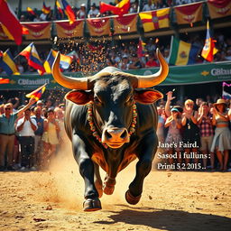 A dynamic, high-energy scene featuring a bull charging forward in a vibrant outdoor arena, showcasing its powerful muscles and dramatic stance