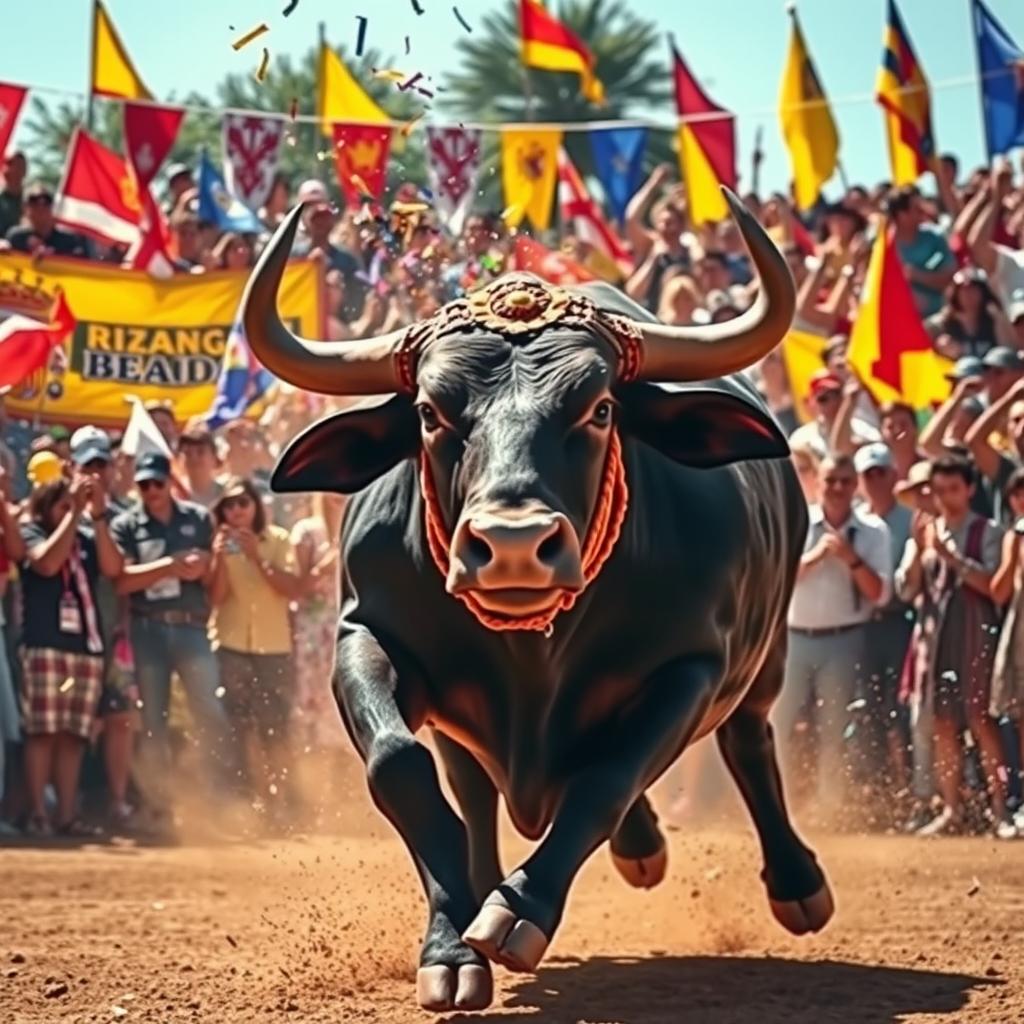 A dynamic, high-energy scene featuring a bull charging forward in a vibrant outdoor arena, showcasing its powerful muscles and dramatic stance