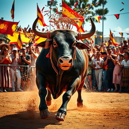 A dynamic, high-energy scene featuring a bull charging forward in a vibrant outdoor arena, showcasing its powerful muscles and dramatic stance