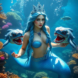 A beautiful Nordic mermaid queen, gracefully submerged in a vibrant coral reef
