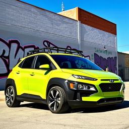 A striking 2020 Hyundai Kona, beautifully lowered, showcasing a vibrant lime green color