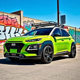 A striking 2020 Hyundai Kona, beautifully lowered, showcasing a vibrant lime green color