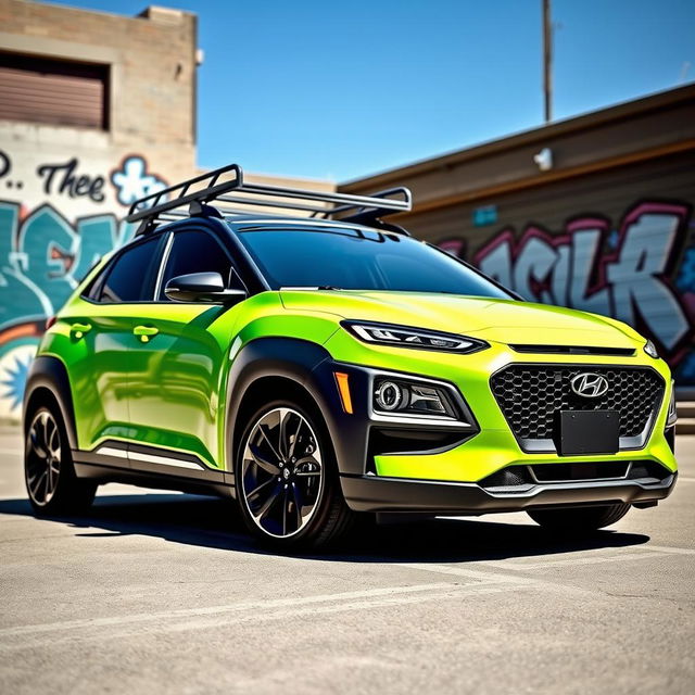 A striking 2020 Hyundai Kona, beautifully lowered, showcasing a vibrant lime green color