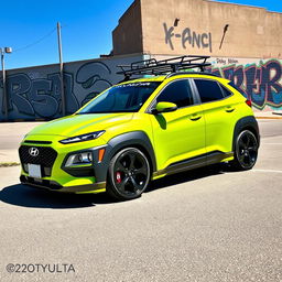 A striking 2020 Hyundai Kona, beautifully lowered, showcasing a vibrant lime green color