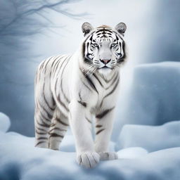 Generate an image of a stunning white tiger, its body crafted from brilliant, pristine ice