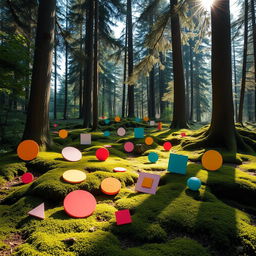 A whimsical forest scene featuring various flat geometric shapes such as circles, squares, triangles, and hexagons scattered throughout the lush greenery