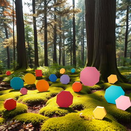 A whimsical forest scene featuring various flat geometric shapes such as circles, squares, triangles, and hexagons scattered throughout the lush greenery