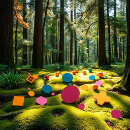 A whimsical forest scene featuring various flat geometric shapes such as circles, squares, triangles, and hexagons scattered throughout the lush greenery