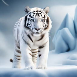 Generate an image of a stunning white tiger, its body crafted from brilliant, pristine ice