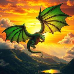 A majestic dragon soaring through a vibrant sunset sky, with shimmering emerald scales that catch the golden rays of the sun