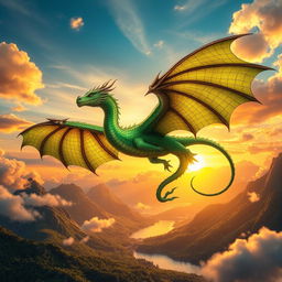 A majestic dragon soaring through a vibrant sunset sky, with shimmering emerald scales that catch the golden rays of the sun