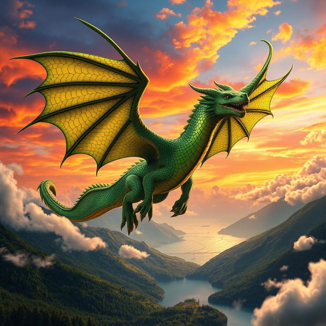 A majestic dragon soaring through a vibrant sunset sky, with shimmering emerald scales that catch the golden rays of the sun