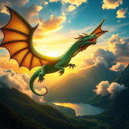 A majestic dragon soaring through a vibrant sunset sky, with shimmering emerald scales that catch the golden rays of the sun