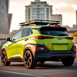 A striking 2020 Hyundai Kona, beautifully lowered, showcasing a vibrant lime green color