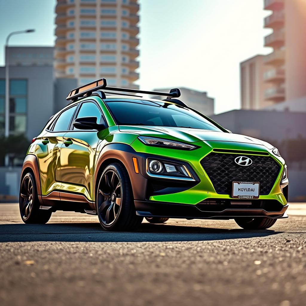 A striking 2020 Hyundai Kona, beautifully lowered, showcasing a vibrant lime green color