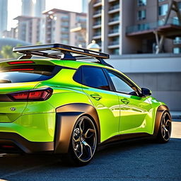 A striking 2020 Hyundai Kona, beautifully lowered, showcasing a vibrant lime green color