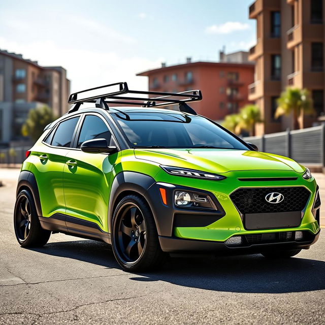 A striking 2020 Hyundai Kona, beautifully lowered, showcasing a vibrant lime green color