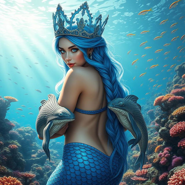 A breathtaking scene featuring a beautiful Nordic mermaid queen with a majestic blue crown adorned with glistening jewels