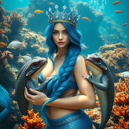 A breathtaking scene featuring a beautiful Nordic mermaid queen with a majestic blue crown adorned with glistening jewels