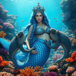 A breathtaking scene featuring a beautiful Nordic mermaid queen with a majestic blue crown adorned with glistening jewels