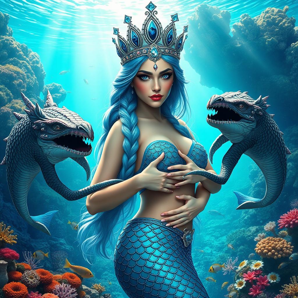 A breathtaking scene featuring a beautiful Nordic mermaid queen with a majestic blue crown adorned with glistening jewels