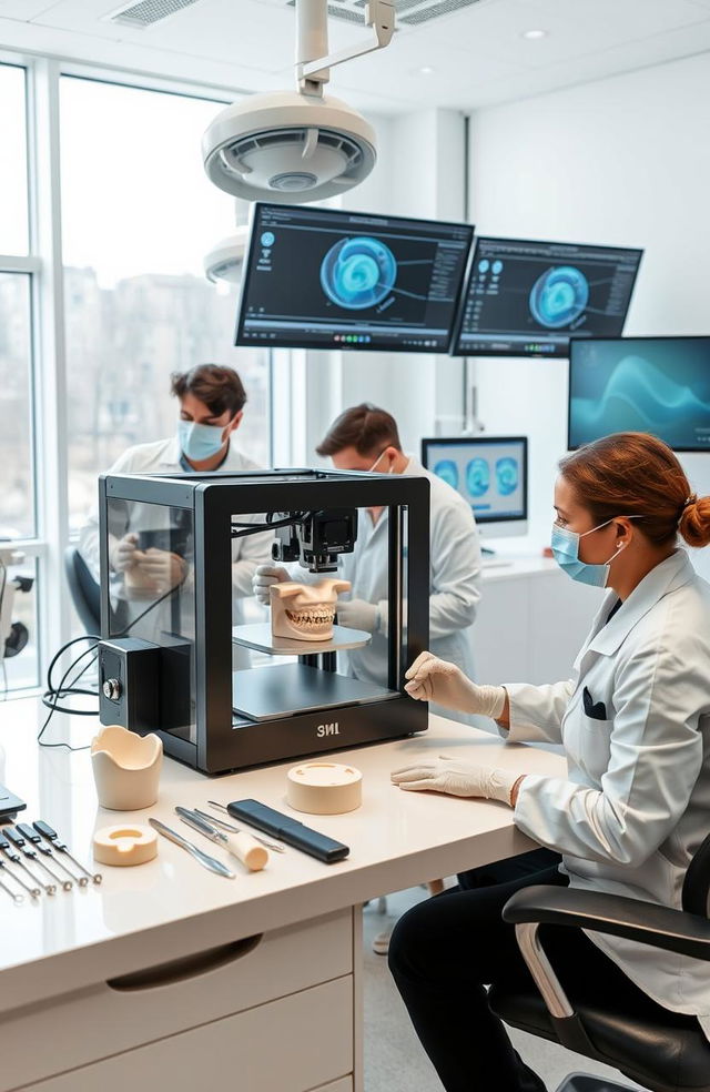 A high-tech dental clinic showcasing advanced 3D printing technology being used in periodontics