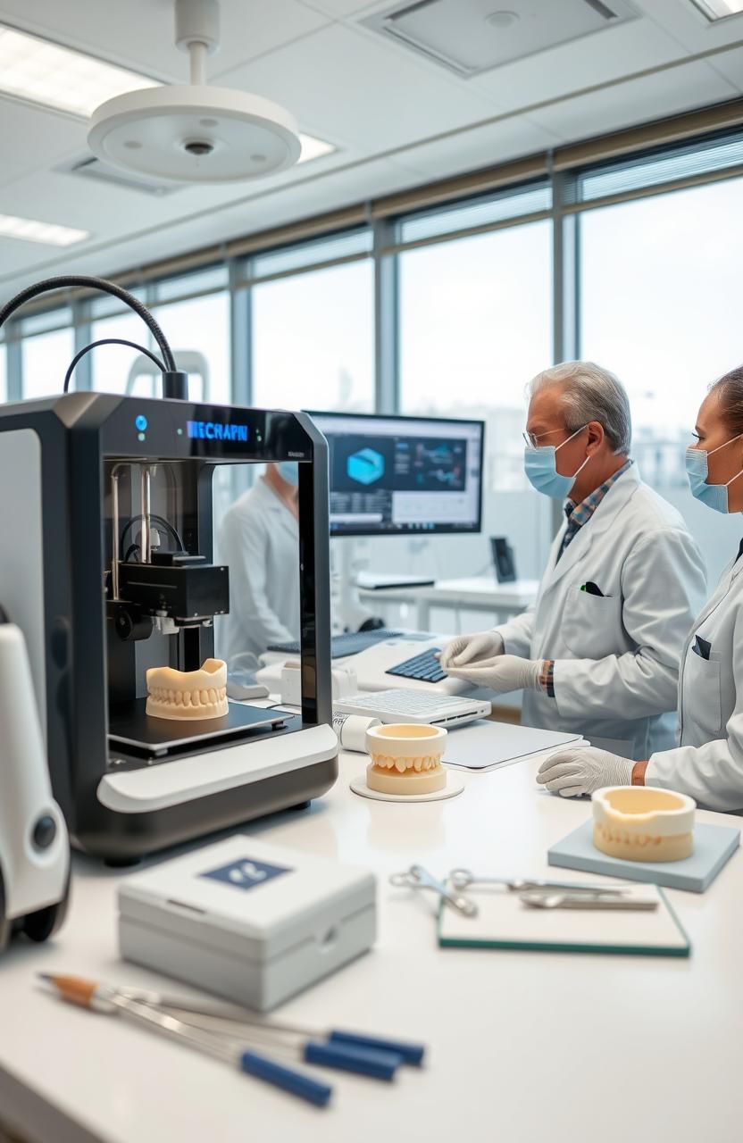 A high-tech dental clinic showcasing advanced 3D printing technology being used in periodontics