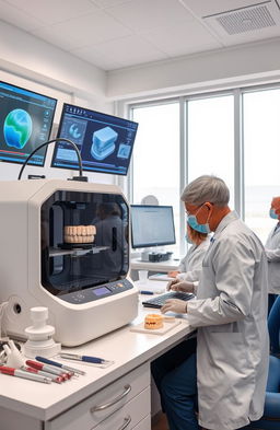 A high-tech dental clinic showcasing advanced 3D printing technology being used in periodontics