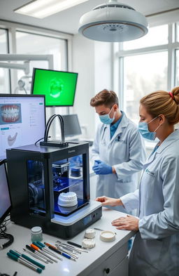 A high-tech dental clinic showcasing advanced 3D printing technology being used in periodontics