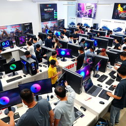 An image of a busy technology store with multiple computers on display