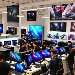 An image of a busy technology store with multiple computers on display