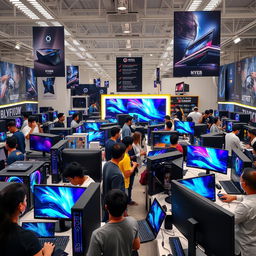An image of a busy technology store with multiple computers on display