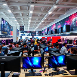 An image of a busy technology store with multiple computers on display
