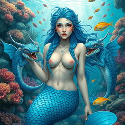 A beautiful Nordic mermaid queen with majestic blue fins, flowing blue hair intricately braided, exuding an aura of power and grace