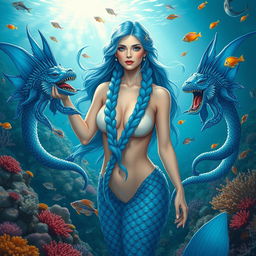 A beautiful Nordic mermaid queen with majestic blue fins, flowing blue hair intricately braided, exuding an aura of power and grace