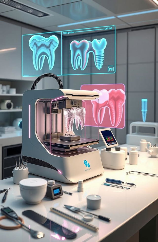 A futuristic scene showcasing advanced 3D bioprinting technology specifically applied in periodontics