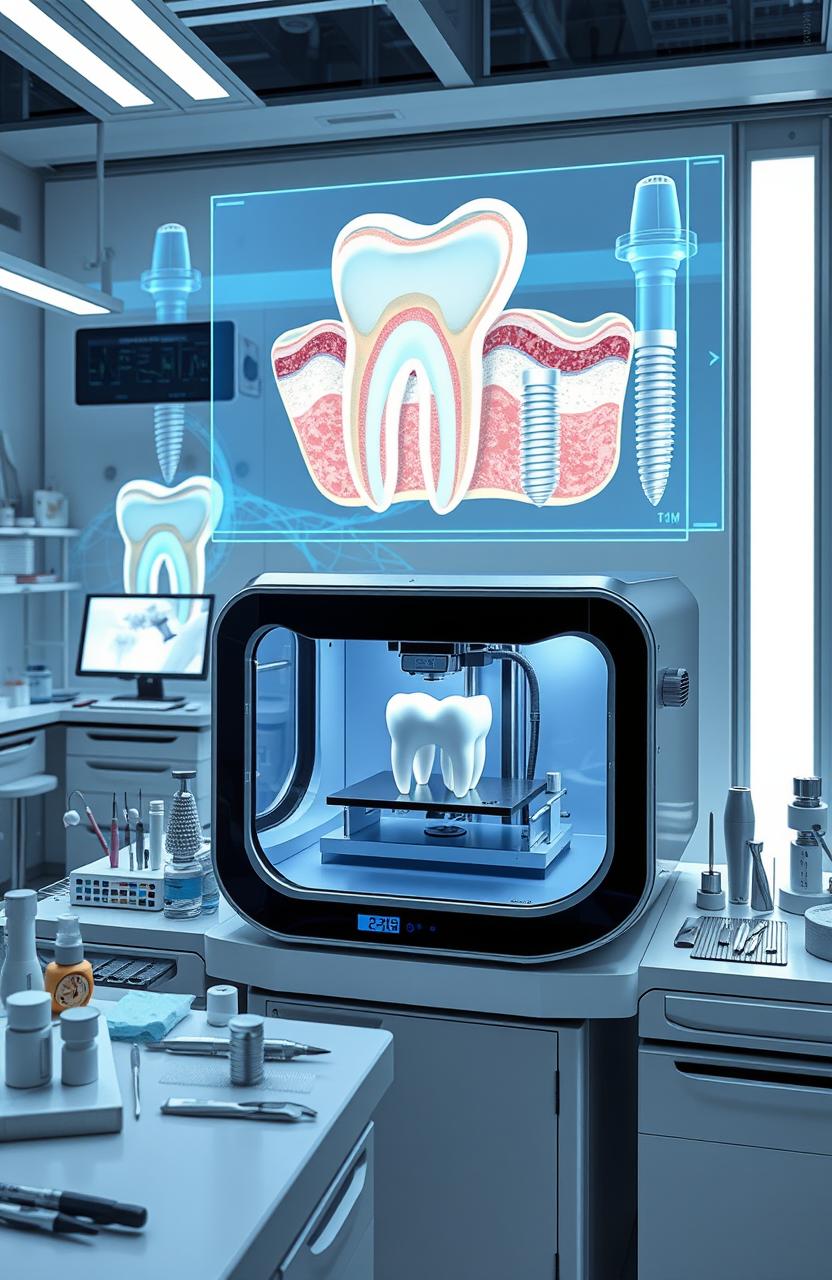 A futuristic scene showcasing advanced 3D bioprinting technology specifically applied in periodontics