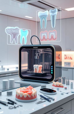 A futuristic scene showcasing advanced 3D bioprinting technology specifically applied in periodontics