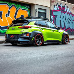 A visually striking 2020 Hyundai Kona, expertly lowered, showcasing a vibrant lime green exterior